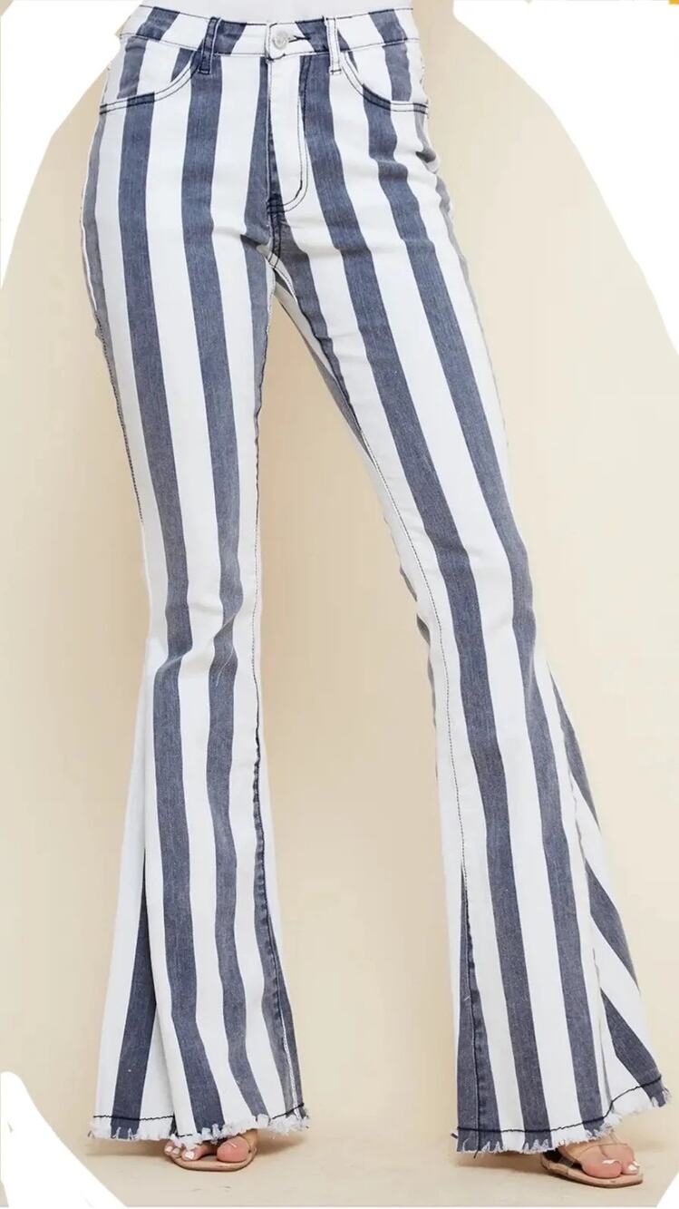 Saints & Hearts Blue + White Stripe Bell Bottom Flare Frayed Hem Jeans - Large
